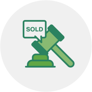 auction hammer with speak bubble that says sold