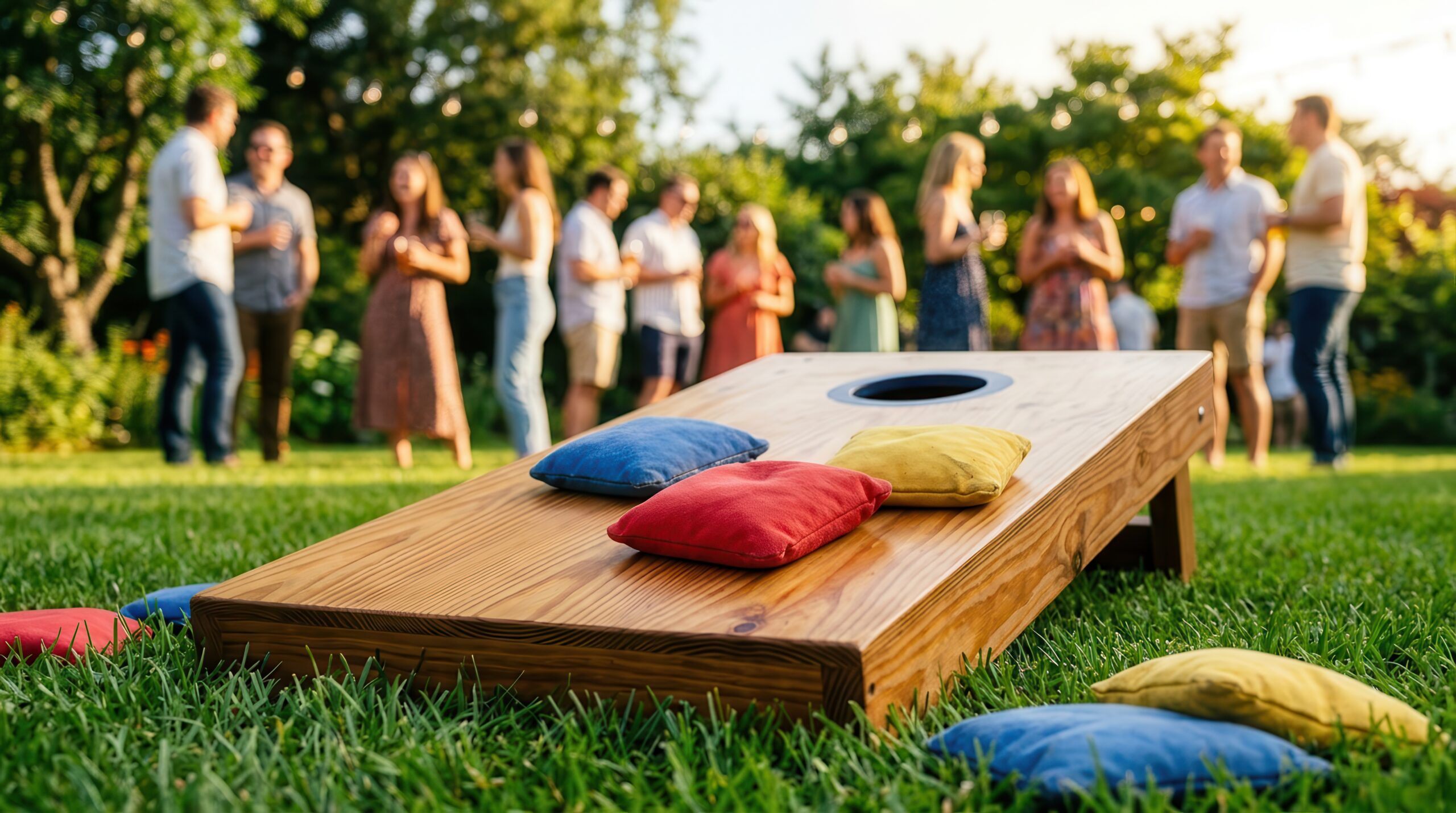 Outdoor lawn game with wooden cornhole board and bright bean bags on grass.